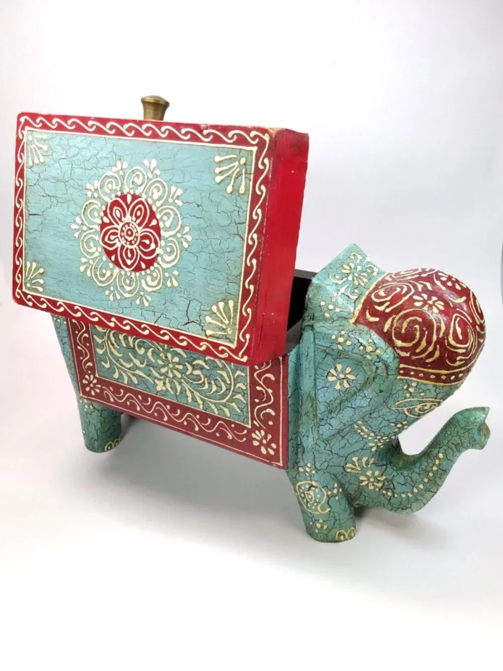 Hand Painted Wooden Elephant Jewelry Trinket Storage Box